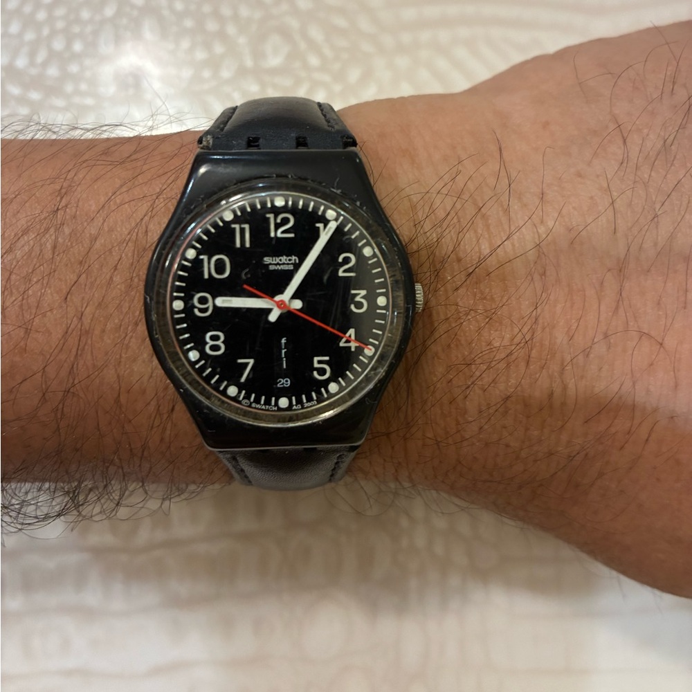Swatch Black Wristwatch with Red Seconds Hand